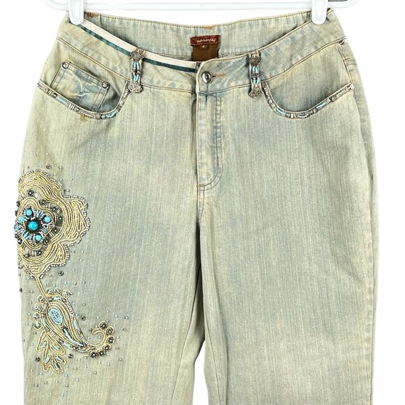 Chagall Women's Beaded Embellished Tan Crop Jeans Size 8 Cuffed Stretch Mid Rise - Picture 3 of 12